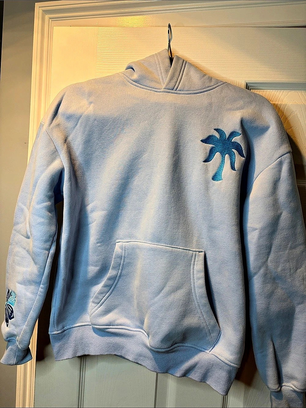 Pink Palm Puff Dolphin Graphic Pullover Hoodie in Blue XXS Like New